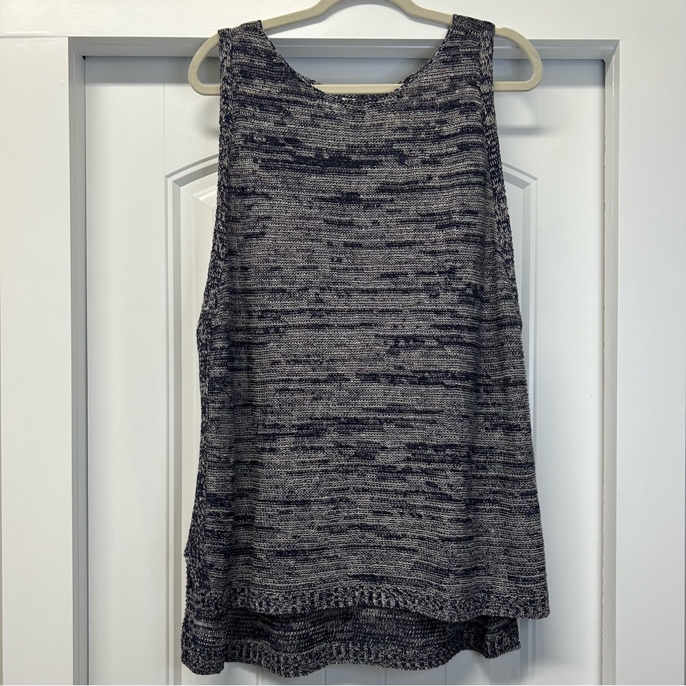 Eileen Fisher 100% Organic Linen Sleeveless Sweater Navy White Marled Si…